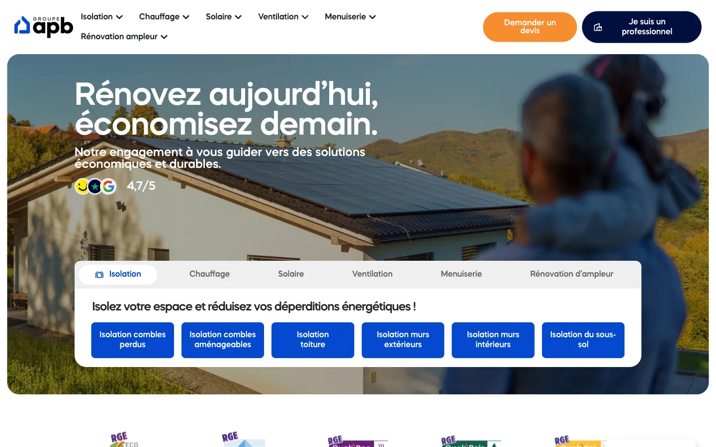 Page d'accueil : le sélecteur de travaux par famille