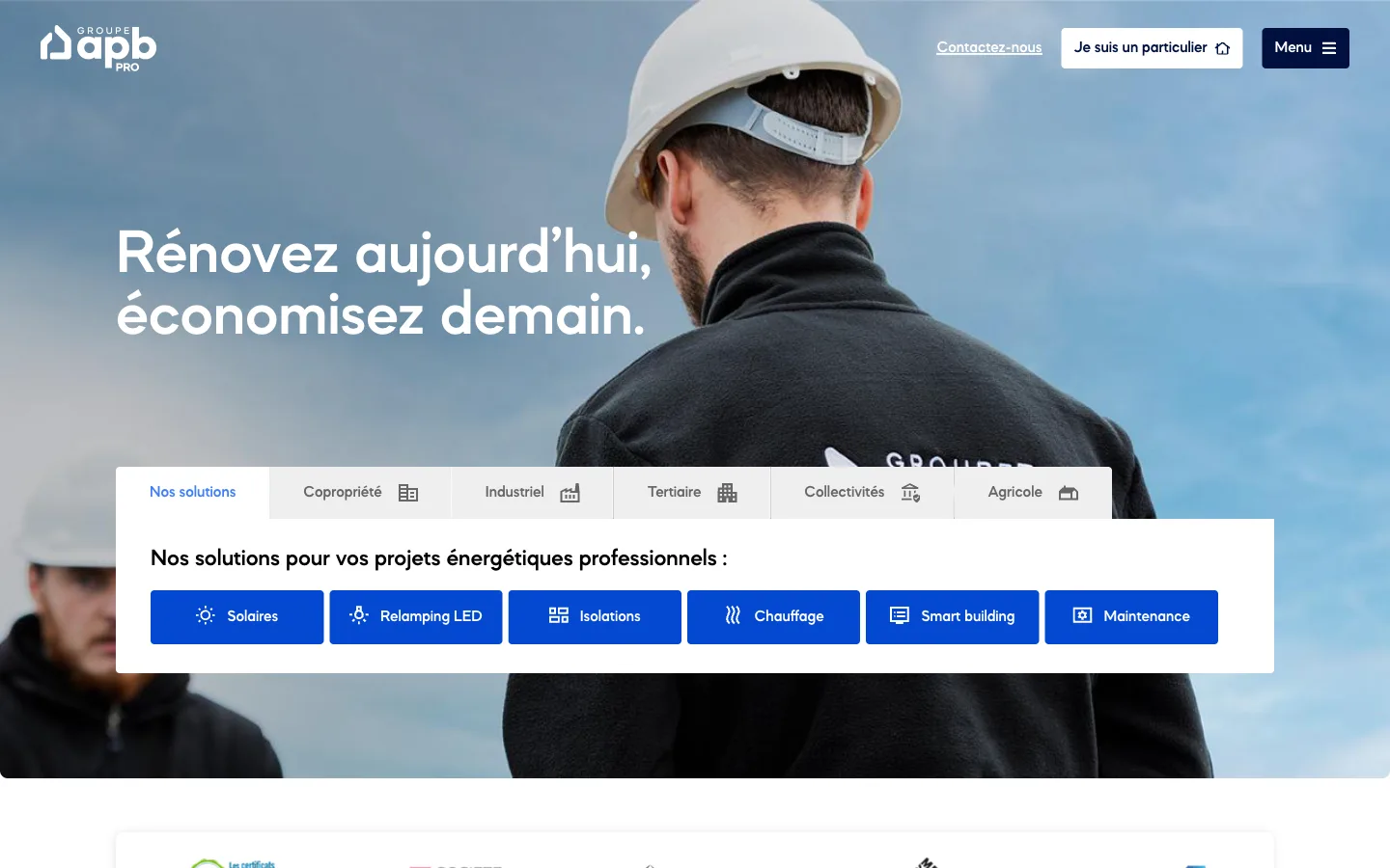 Page d'accueil du site professionnel, avec le sélecteur par secteur