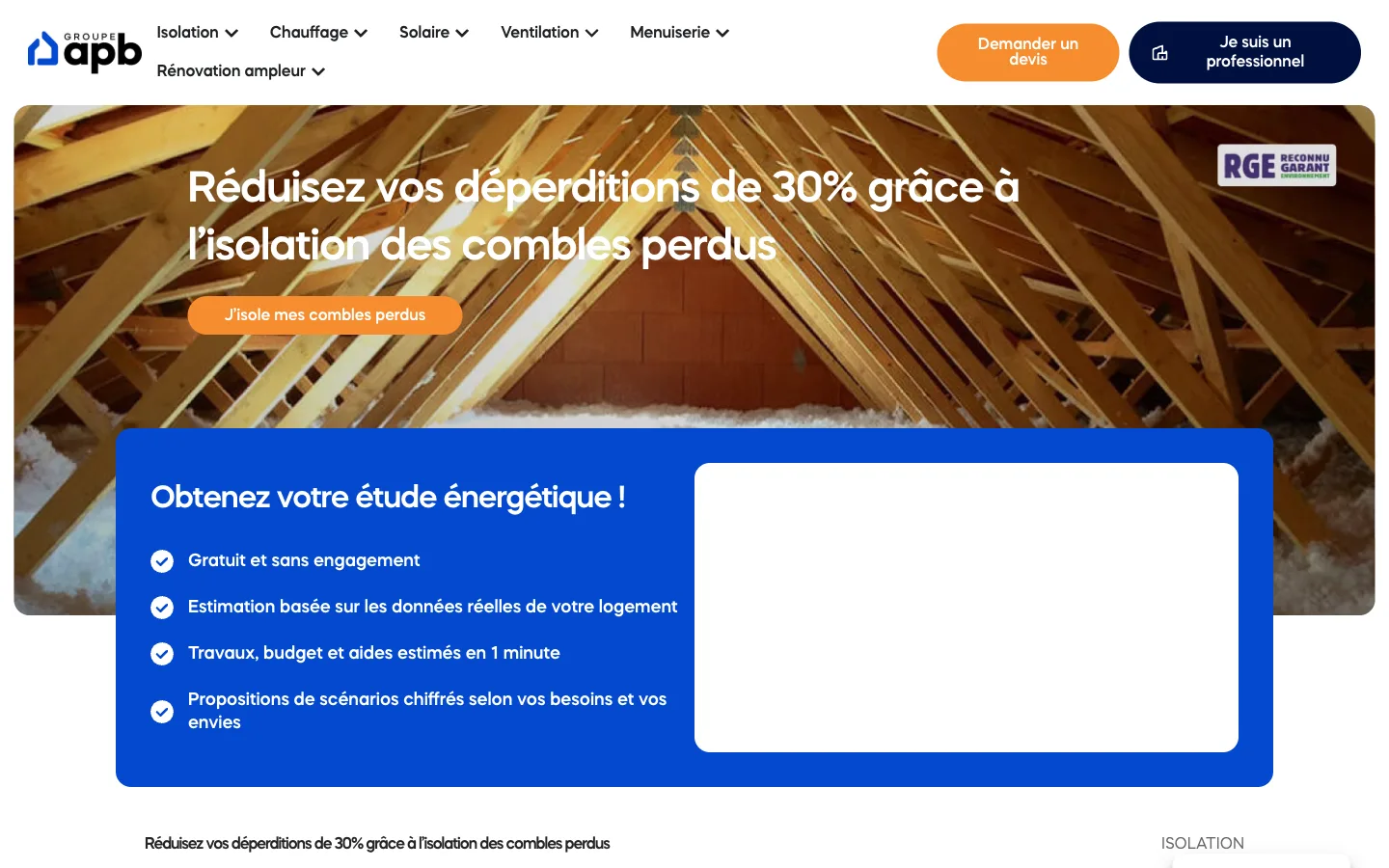 Page isolation des combles perdus, avec le formulaire d'étude énergétique